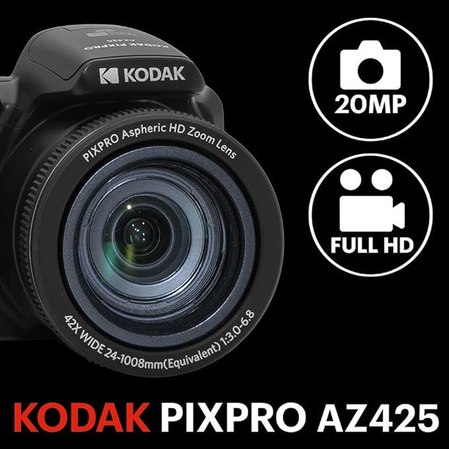 Kodak PIXPRO AZ425 Digital Camera Bundle – 20MP, 42x Optical Zoom, Case, Extra Battery & SD Card