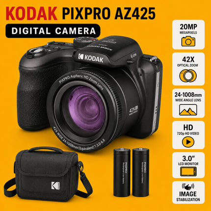 Kodak PIXPRO AZ425 Digital Camera Bundle – 20MP, 42x Optical Zoom, Case, Extra Battery & SD Card