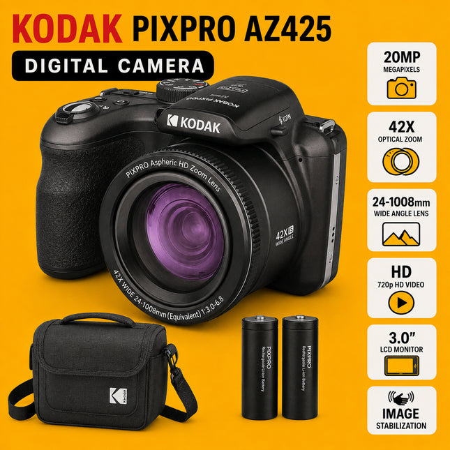 Kodak PIXPRO AZ425 Digital Camera Bundle – 20MP, 42x Optical Zoom, Case, Extra Battery & SD Card