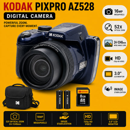 Kodak PIXPRO AZ528 Digital Camera Bundle – 52x Optical Zoom, 16MP, Case, Extra Battery & SD Card