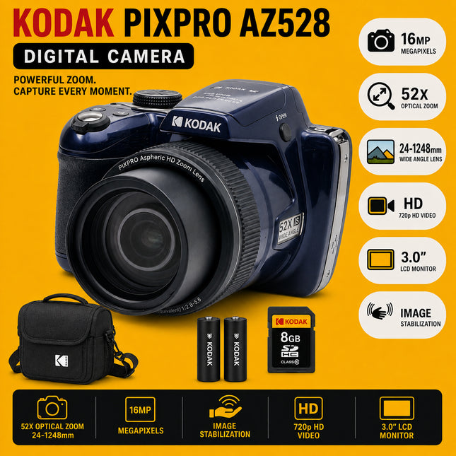 Kodak PIXPRO AZ528 Digital Camera Bundle – 52x Optical Zoom, 16MP, Case, Extra Battery & SD Card