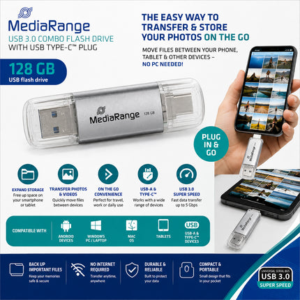 MediaRange 128GB USB-C & USB-A Flash Drive Transfer Photos From Phone