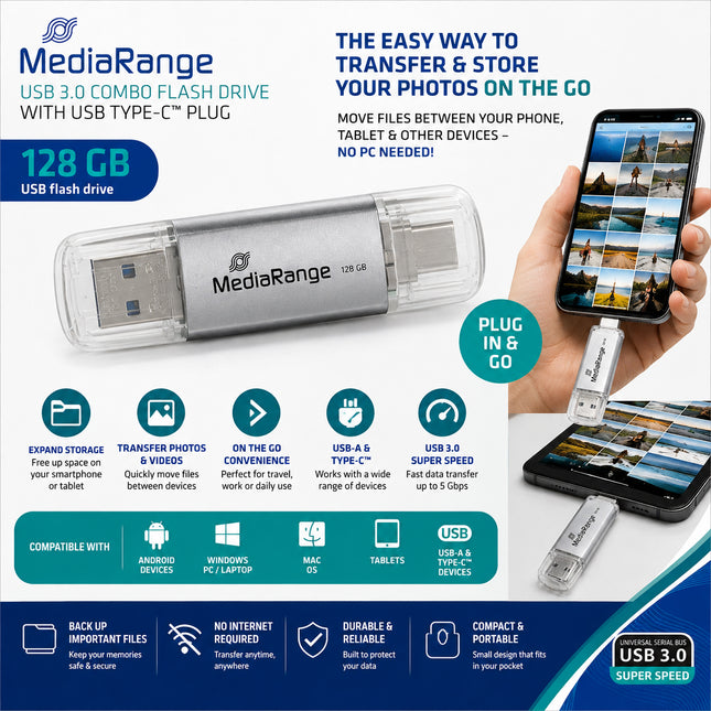 MediaRange 128GB USB-C & USB-A Flash Drive Transfer Photos From Phone