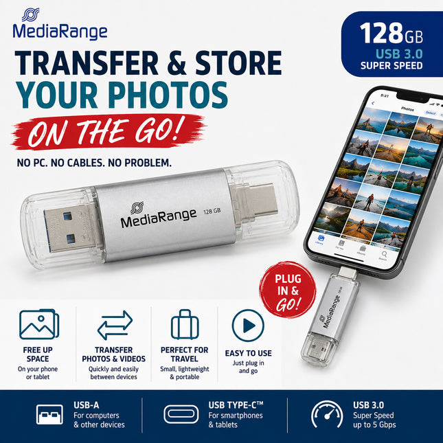 MediaRange 128GB USB-C & USB-A Flash Drive Transfer Photos From Phone