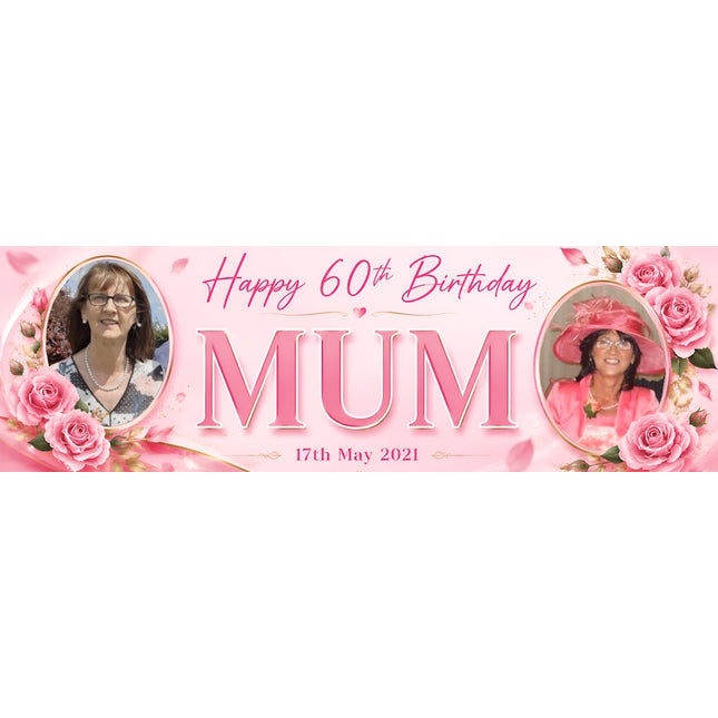 60th Birthday Pink Rose Floral Party Personalised Photo Banner