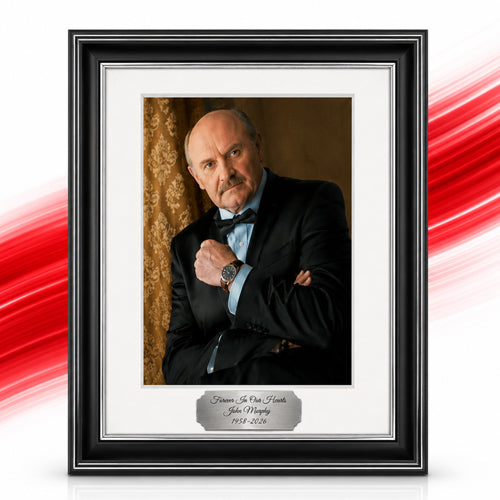 Personalised occasion photo frame with custom engraving and printed photograph.