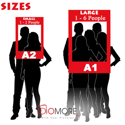 Selfie frame size guide: A2 for 1–2 people and A1 for 1–6 people