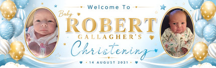 Golden Blue Christening Day Celebration Personalised Banner