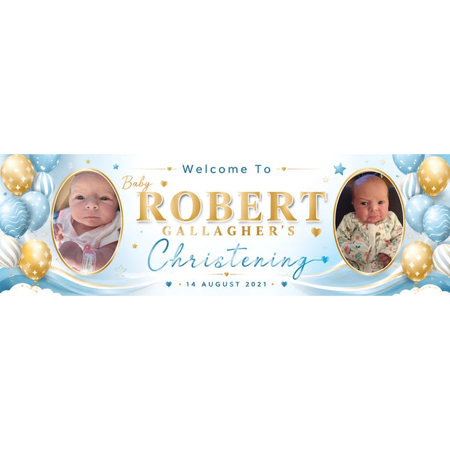 Golden Blue Christening Day Celebration Personalised Banner
