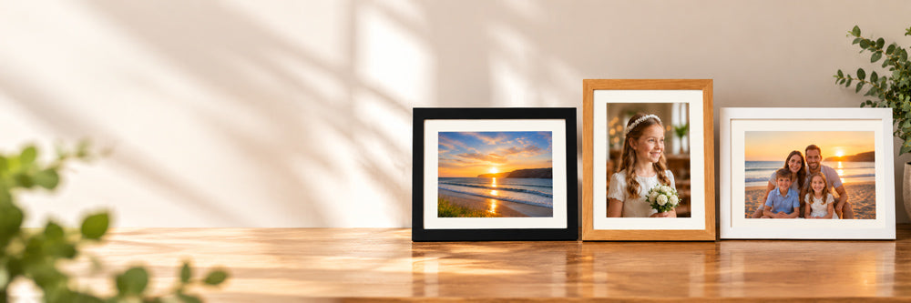Framed photo prints displayed on a wooden shelf