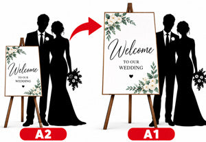 Welcome board size guide showing small A2 and large A1 welcome boards