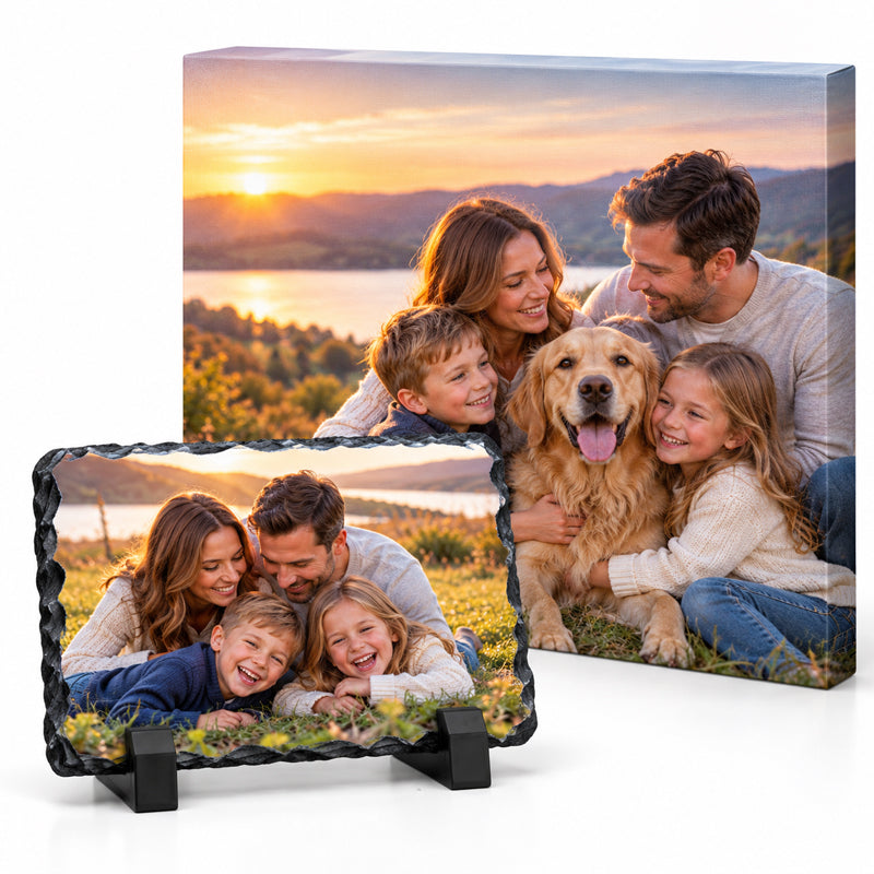 Personalised photo slate with natural rough edges and a canvas print featuring a family photograph