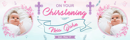 A Sacred Celebration Pink/Purple Christening Photo Banner