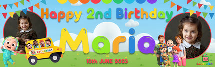 Wheels on the Party Go WOW! – Personalised Cocomelon Birthday Photo Banner