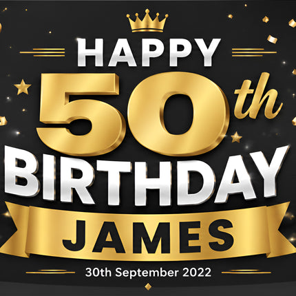 Black + Gold 50th Birthday Personalised Birthday Banner