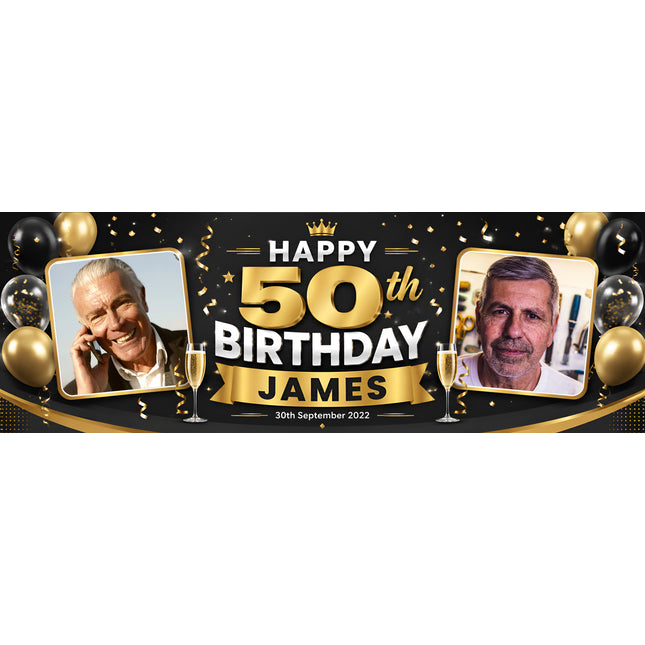 Black + Gold 50th Birthday Personalised Birthday Banner