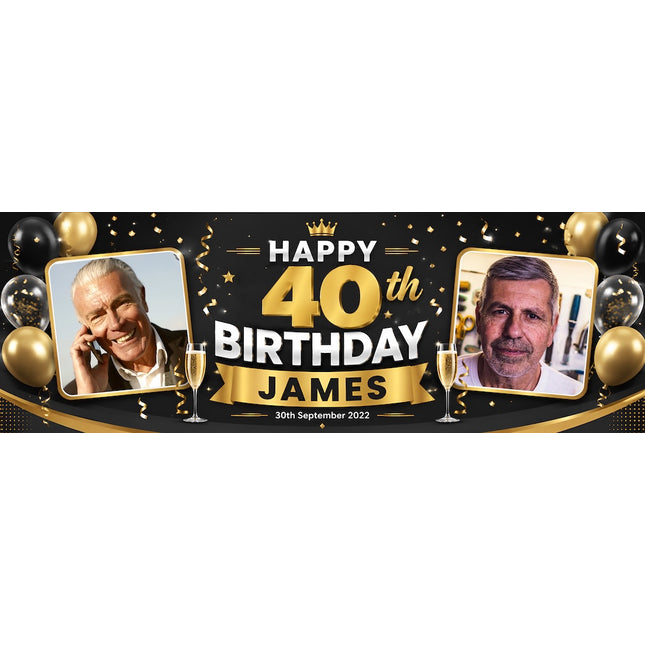 Black + Gold 40th birthday Personalised Birthday Banner