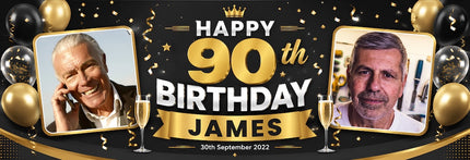 Black + Gold 90th Birthday Personalised Birthday Banner
