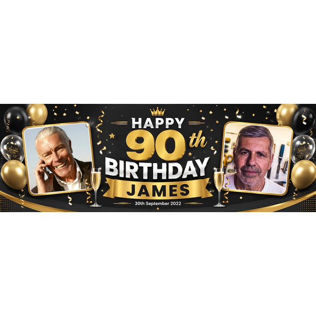 Black + Gold 90th Birthday Personalised Birthday Banner