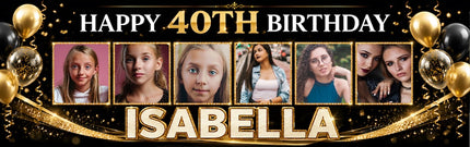 Gold And Black Glitter 40th birthday Personalised Birthday Banner