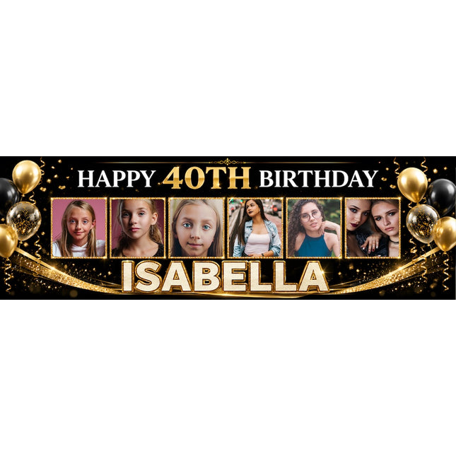 Gold And Black Glitter 40th birthday Personalised Birthday Banner