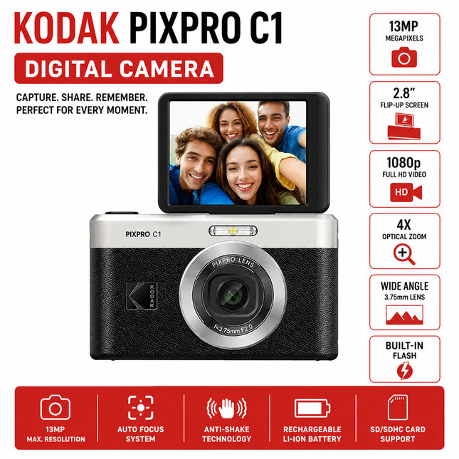 Kodak PIXPRO C1 SELFIE Black Digital Camera 13MP, Flip Screen & 4x Digital Zoom
