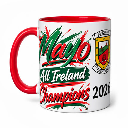 Mayo All-Ireland Champions 2026 mug with Mayo county crest and red and green lettering, a gift for Mayo GAA supporters.