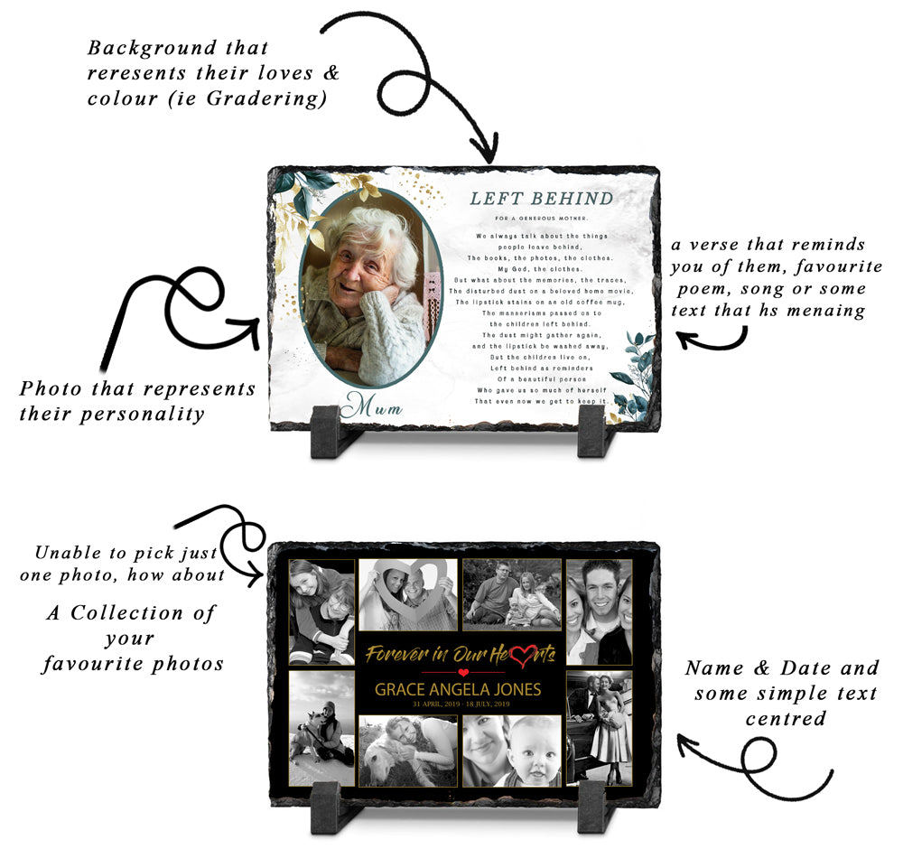 Personalised memorial slate with a photograph and meaningful remembrance message