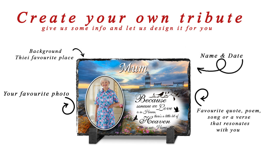 Personalised memorial slate design showing photograph, background, name and date options