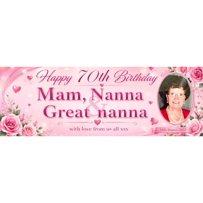 Mums Floral 70th Birthday Party Personalised Photo Banner