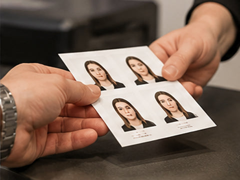Finished passport photographs handed to customer