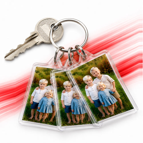 Personalised photo keyring with printed family photographs made in Ireland.