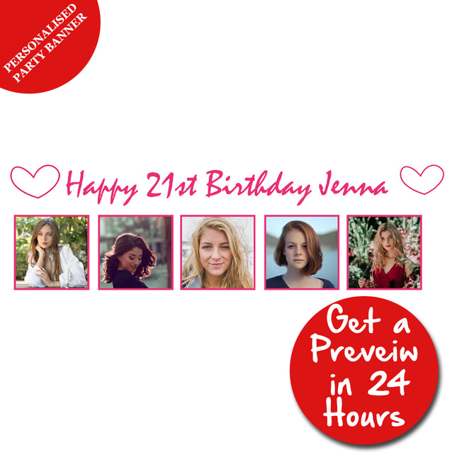 My 21 Years In Pictures Love Hearts Photo Personalised Party Banner