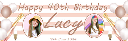 Champagne, Bubbles In 40th Birthday Rose Gold Personalised Photo Banner