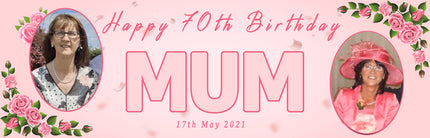 70th Birthday Pink Rose Floral Party Personalised Photo Banner