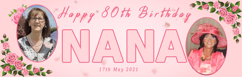 80th Birthday Pink Rose Floral Party Personalised Photo Banner