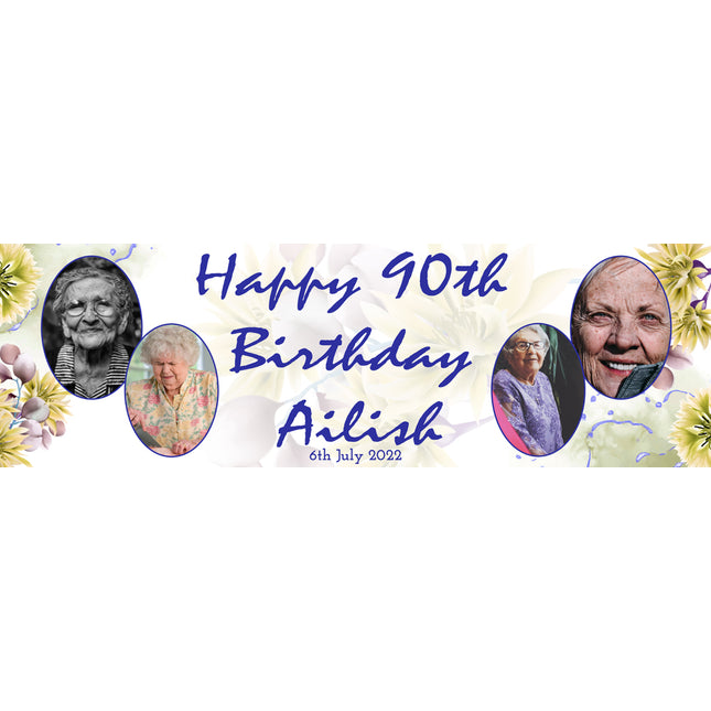 Blue Floral Birthday Party Personalised Photo Banner