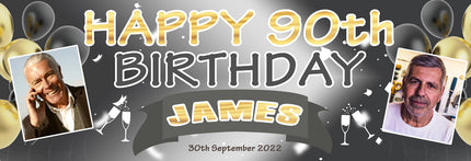 Black + Gold 90th Birthday Personalised Birthday Banner