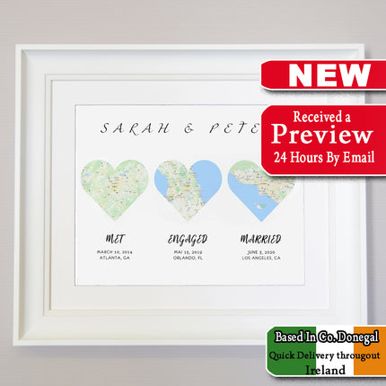 I Love You Personalized Map Gift with dates, Where We Met, Got Engages & Got Married Framed