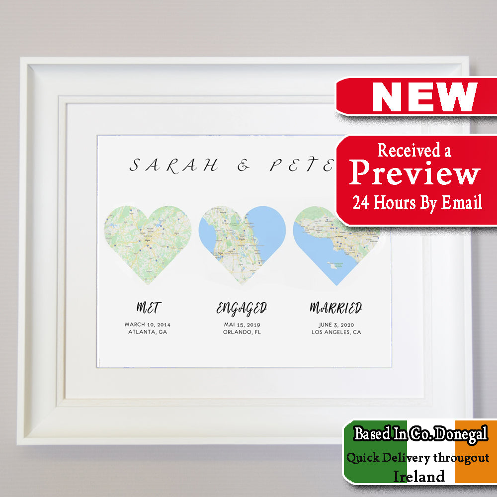 I Love You Personalized Map Gift with dates, Where We Met, Got Engages & Got Married Framed