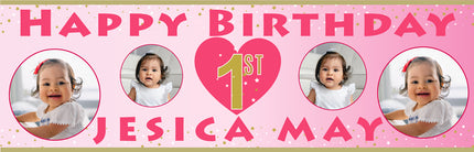 Girls Heart 1st  Birthday Party Personalised Photo Banner