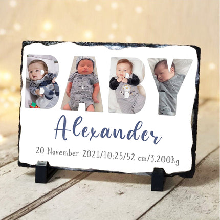 New Baby Personalised NAME Photo Collage On Slate