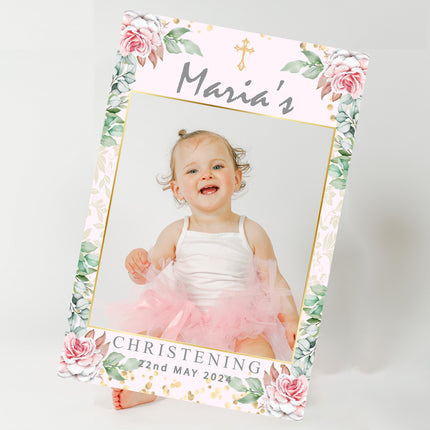 Floral Pink Rose Christening Day Selfie Frame