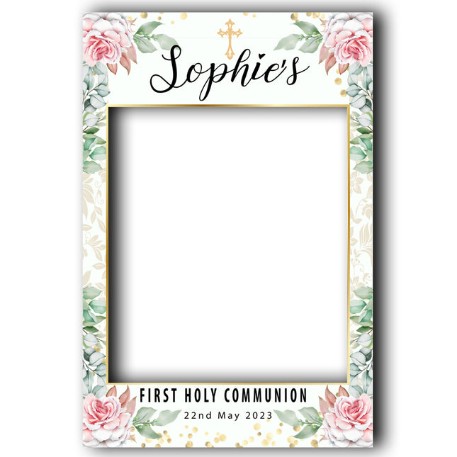 Floral Pink Rose First Holy Communion Day Selfie Frame