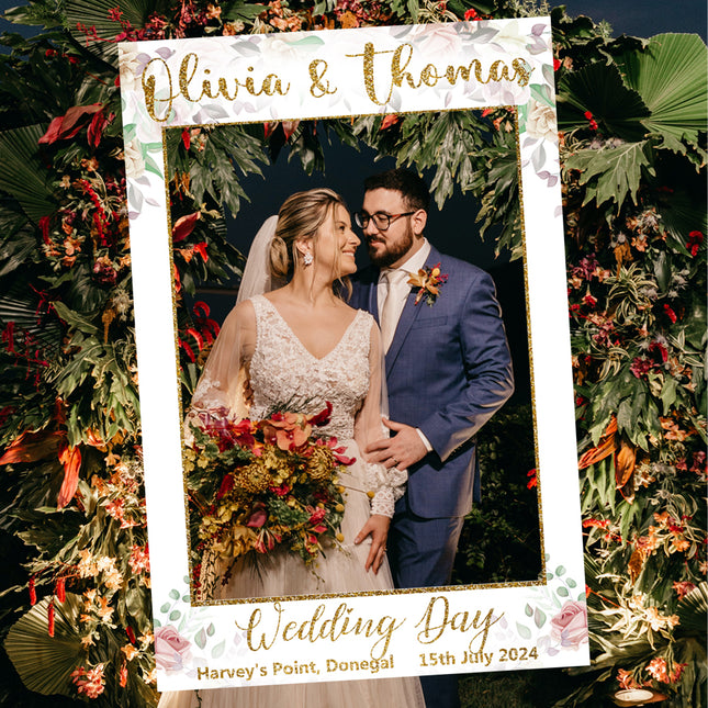 Gold Sparkle & Floral Wedding Day Personalised Selfie Frame